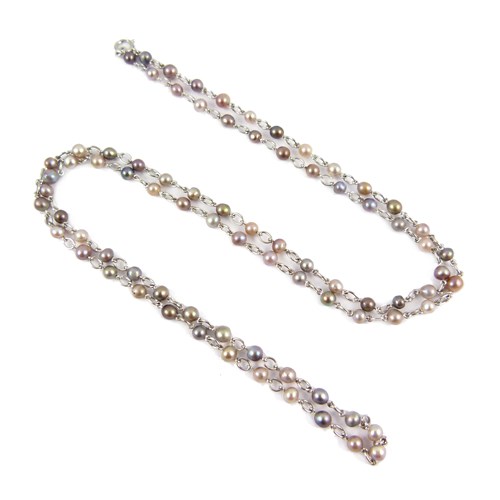 Natural coloured pearl chain necklace, in various shades of brown, grey and black, some iridescent, each with platinum trace link in between